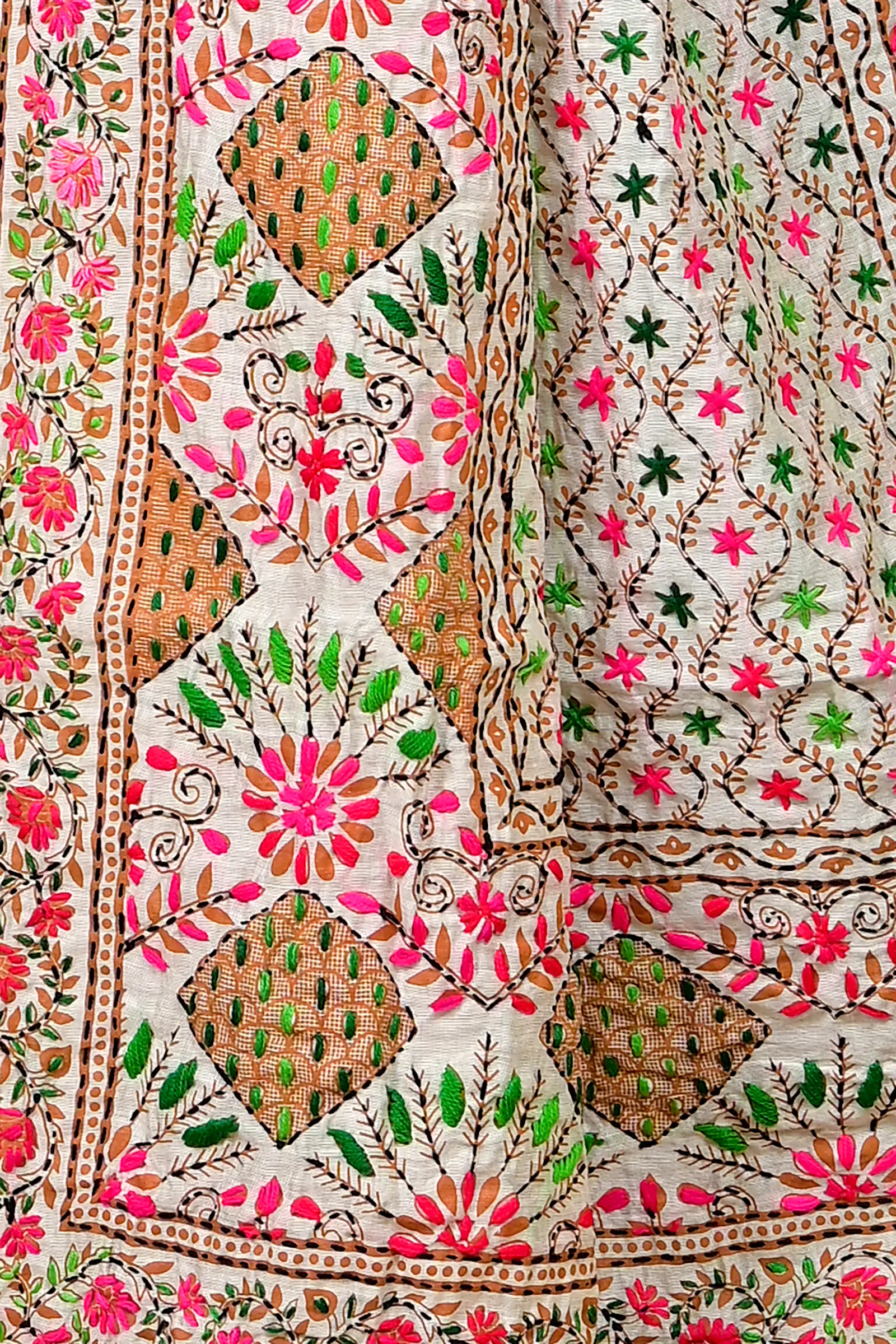 White Cotton Varitikath Kantha Stitch Saree (594)